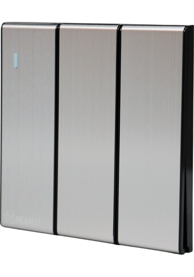 MERALLI INOX 3'lü vavien anahtar, hakiki fırçalanmış paslanmaz çelik, çerçevesiz 86×86 Modüler  kasa dahil