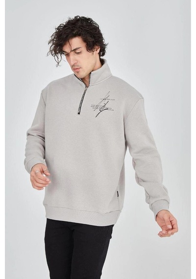 Erkek Yarım Fermuarlı Baskılı 3 İplik Pamuklu Sweatshirt - Boyalı Gri
