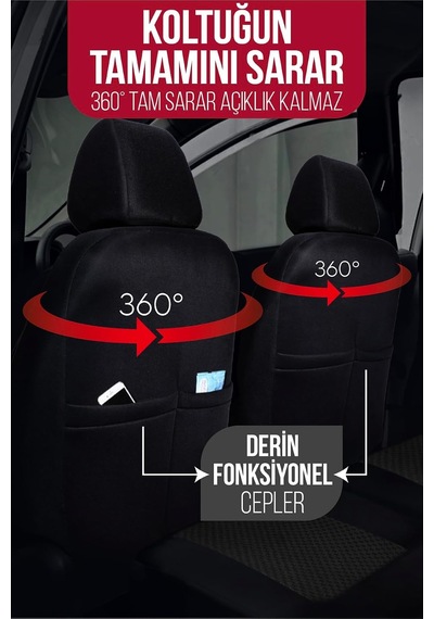 Peugeot Rifter İle Uyumlu Pamuklu Kumaş Araca Özel Oto Koltuk Kılıfı Tam Set Siyah Kırmızı
