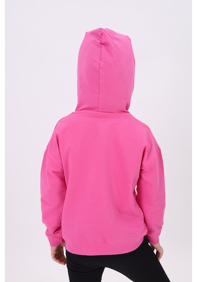 Kız Çocuk Oversize Kapüşonlu Düşük Omuz Baskılı Nervürlü Sweatshirt - 2 İplik Fuşya