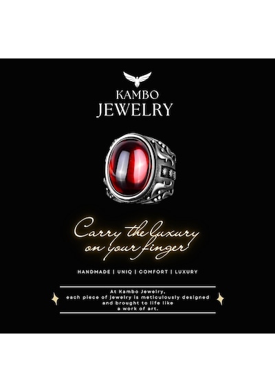 Üretilmiş Taş Yüzük, 925 Ayar Gümüş Yüzük, Tasarım Gümüş Erkek Yüzüğü Cabochon Üretilmiş Granat Taşı Gümüş