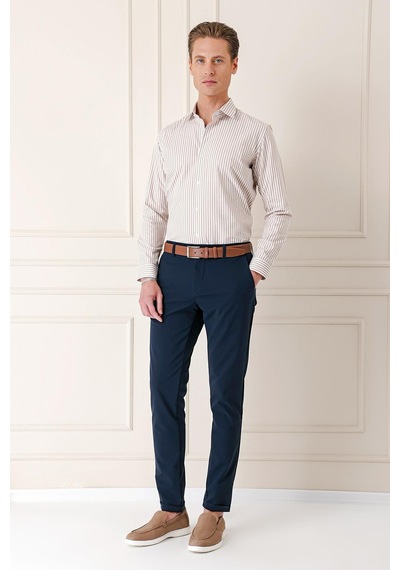 Efor Slim Fit Dikine Çizgili %100 Pamuk Klasik Bej Beyaz Gömlek Gk 721 Bej
