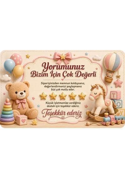 Oyuncak Mağazası Temalı Thank You Kartı Müşteri Yorum Kartı 8x5 Cm Bej