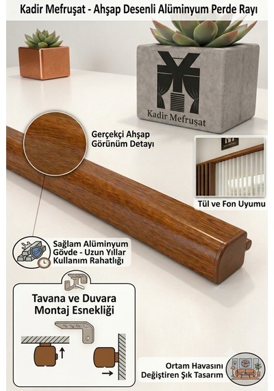 Meşe Dekoratif Ray 2 Kanallı Dekoratif Ahşap Desenli Metal Perde Kornişi Meşedeko260cm - 849479350 Meşedeko260cm