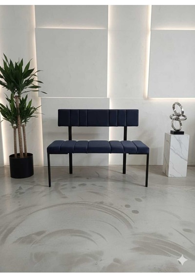 Özcan Metal Metal Siyah Ayaklı Sırtlı Mutfak Salon Antre Yatak Odası Balkon Puf Bank Oturak Bench Lacivert