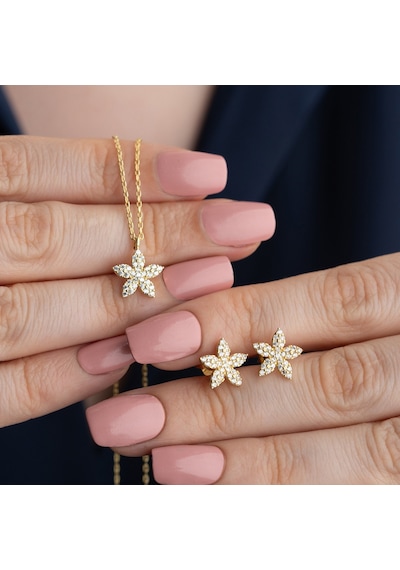 Vaoov 925 Ayar Gümüş Minimal Taşlı Çiçek Set Gold