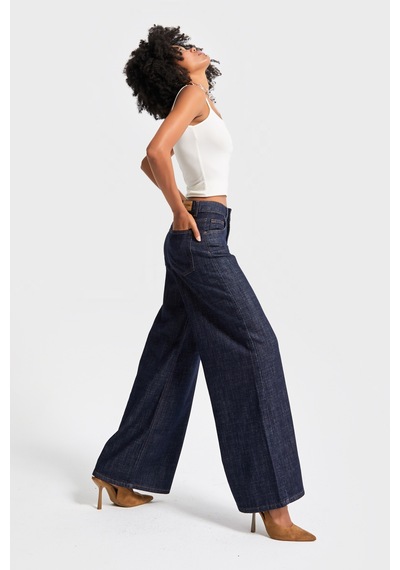 it's basic Kadın İndigo Renk 7w5-50 Palazzo Fit %100 Koton Dökümlü Kumaş Denim Jean