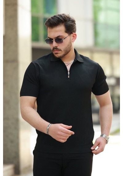 Erkek Fermuarlı Yakalı Kısa Kollu Tshirt Siyah