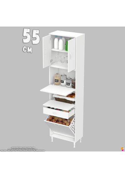 Modilayn Ece Çok Amaçlı Kiler Dolabı Kapaklı Çekmeceli Sepetli - Mutfak Ve Kahve Düzeni 55 Cm Beyaz