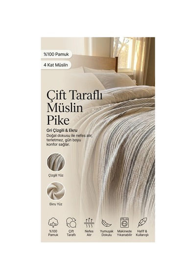 %100 Pamuk 4 Kat Müslin Bataniye Yorgan Pike 220 240 Yatak Örtüsü Gri - 872847612 Gri