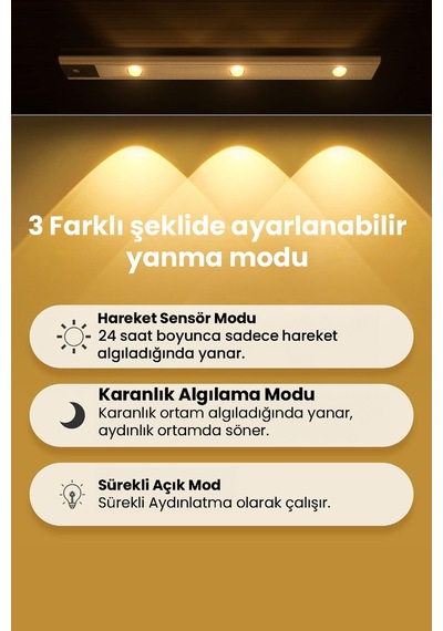 Technojet Hareket Sensörlü Şarj Edilebilir 3 Farklı Renk Yanabilen 3 Led Dekoratif Lamba,dolap Işığı