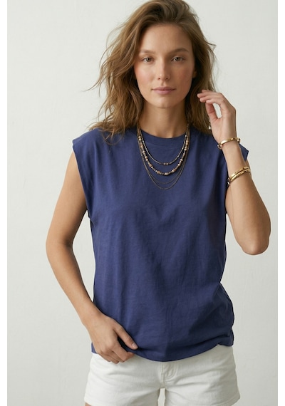 Elemge %100 Pamuk Süprem Tok Kumaş Kadın Oversize İndigo T-shirt Geniş Omuzlu Dökümlü Kolsuz Bol Kalıp
