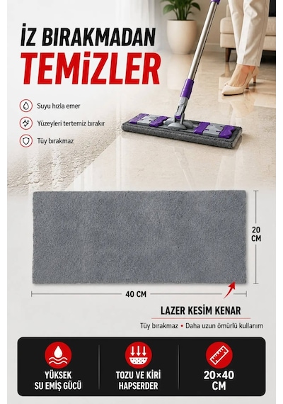 Mikrofiber 5 Adet Mandallı Mop Uyumlu Süper Emici Lazer Kesim Yoğun Dokulu Yedek Mop Bezi Antrasit