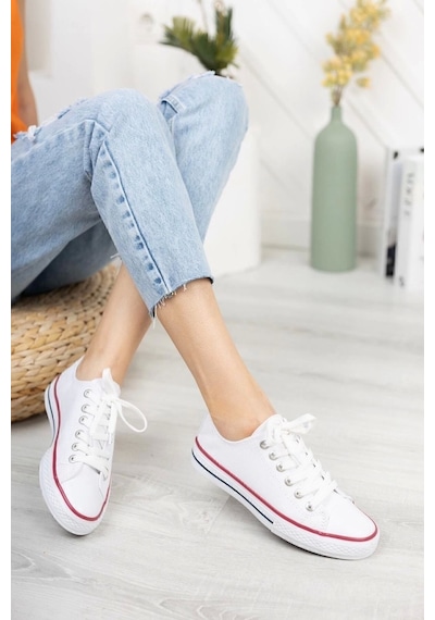 Unisex Spor Ayakkabı Beyaz Kısa Keten Sneaker Beyaz