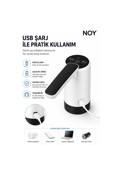 Damacana Pompası Şarjlı Damacana Su Pompası Otomatik Elektrikli Su Pompası Usb Şarjlı 19 Litre Uyumlu Beyaz