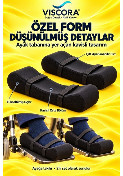 Tekerlekli Sandalye İçin Visco Ayak Taban Destek Pedi 2 Li Ayağa Takılan, Ayarlanabilir Cırtlı Siyah