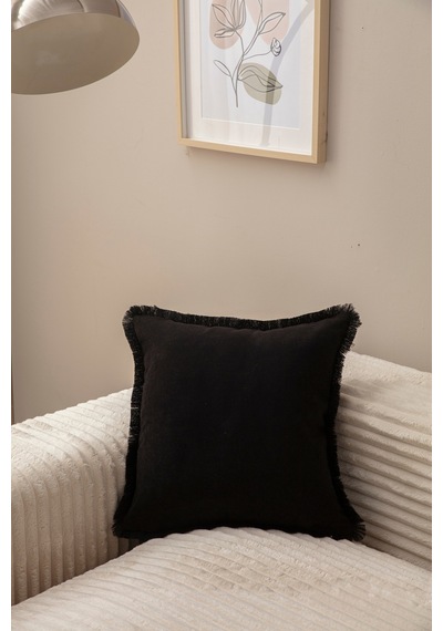 Swita Home Saçaklı Tek Renk 43x43 Kırlent Kılıfı Siyah