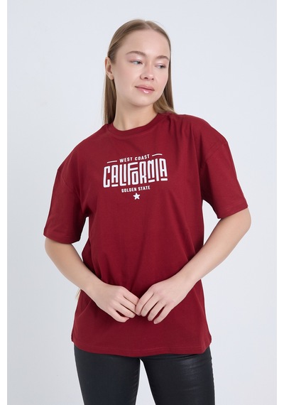 Kadın Oversize Baskılı T-shirt Bordo California Bordo