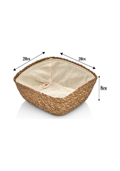 Deconox El Yapımı Hasır İçi Bezli Kare Ekmeklik Ve Dekoratif Kare Hasır Sepet, Hasır İçi Bezli Ekmek Sepeti Kare 20cm 20cm 8cm A