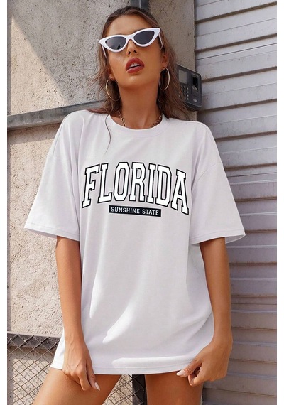 Uyguntarz Unisex Florida Baskılı Tasarım Tshirt Beyaz