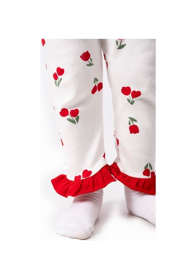 Bebegen Kız Çocuk Ekru Kırmızı Lale Desenli Fırfırlı Bandanalı Pijama Takımı Çok Renkli