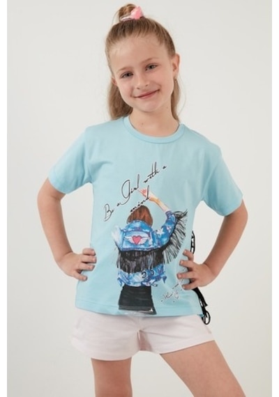 Lela Pamuklu Baskılı Püskül Detaylı Bisiklet Yaka Kız Çocuk T Shirt 6211020 Açık Mavi