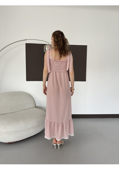 Verymoda Kadın Pötikare Desenli Askı Bağlama Detaylı Maxi Elbise D3108 Pudra