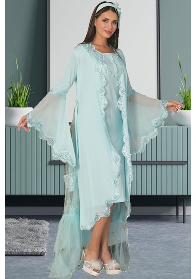 Mecit Pijama By Mecit 5026 Turkuaz Tül Detaylı Sabahlıklı Lohusa Gecelik Takım