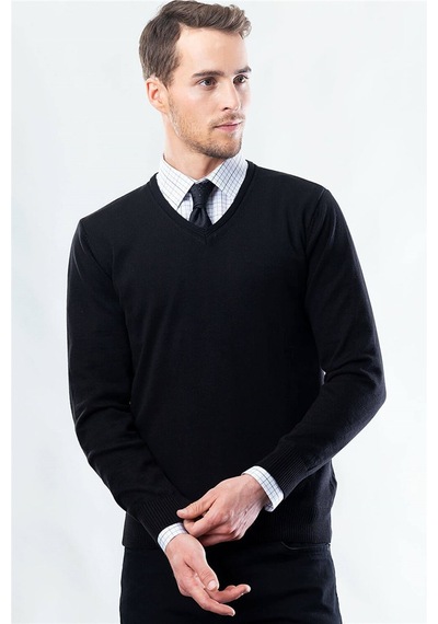 Tudors Slim Fit Dar Kesim V Yaka Pamuklu Erkek Kazak-6399 Siyah
