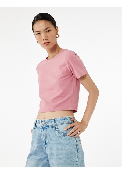 Koton Pamuklu Slim Fit Kısa Kollu Bisiklet Yaka Tişört Pembe 6wak50115ek Gül