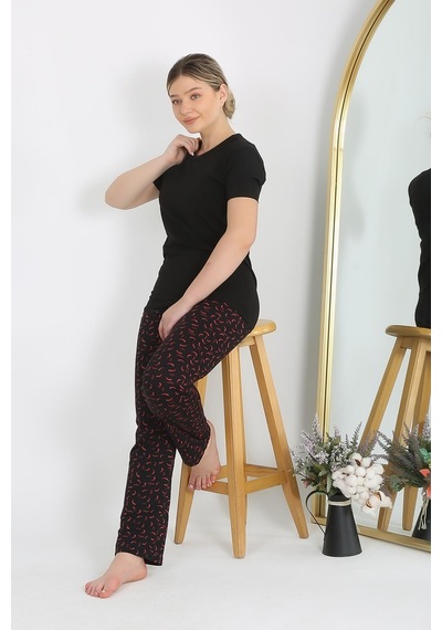 Akbeniz Kadın Kısa Kol Pamuk Penye Pijama Takım Siyah 4214-siyah Siyah