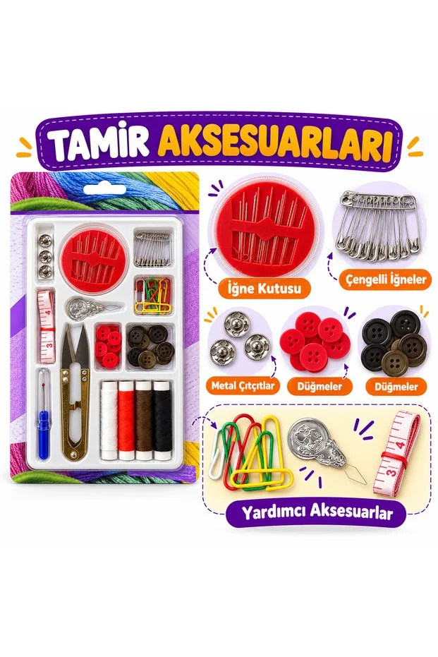 Çok Parçalı Dikiş Seti 4 Renk İplik İğne Makas Mezura Düğme Çengelli İğne Tamir Seti