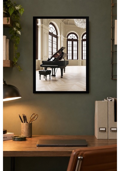 Piyanolu Salon Desenli Dekoratif Mdf Tablo, Çerçeve Görünümlü Ahşap Poster