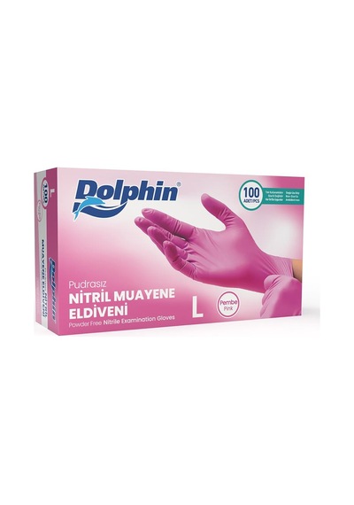 Dolphin Tek Kullanımlık Pembe Nitril Eldiven - Muayne Eldiveni Large Büyük Boy - 100'lü 10 Paket