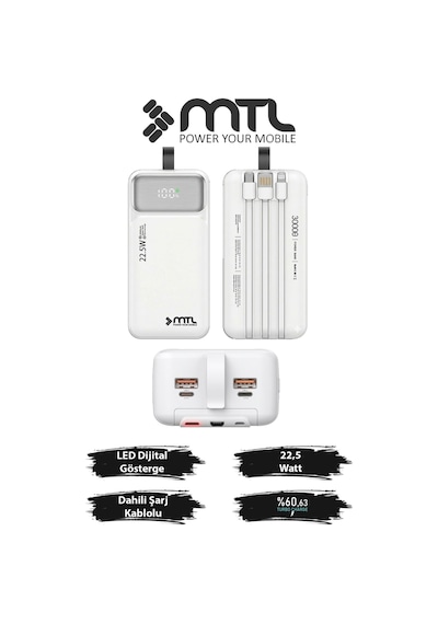 30000 Mah 22.5w Turbo Şarj Dahili Kablolu Dijital Led Göstergeli Pd Ve Qc 3.0 Powerbank Mt4330 Beyaz