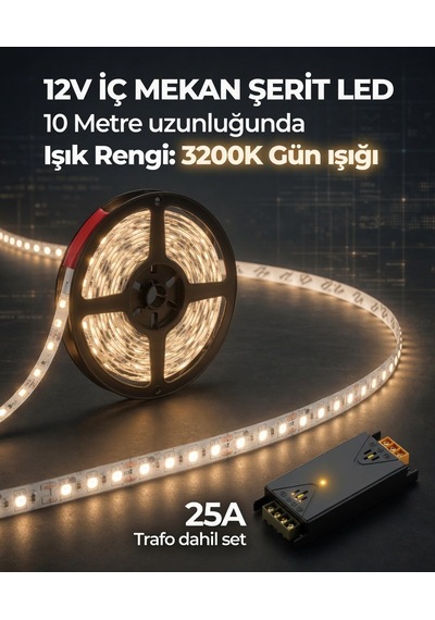 10 Metre 12v 3200k Gün Işığı Şerit Led + 12v 25a Slim Led Trafosu Hazır Set 10 Metre Gün Işığı