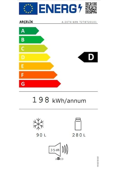 Arçelik A 2074 NFK 370 LT No-Frost Kombi Tipi Ankastre Buzdolabı