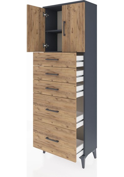 Arges Dolap 2 Raflı 5 Çekmeceli 2 Kapaklı 60x30x182 Antrasit-çam Antrasit