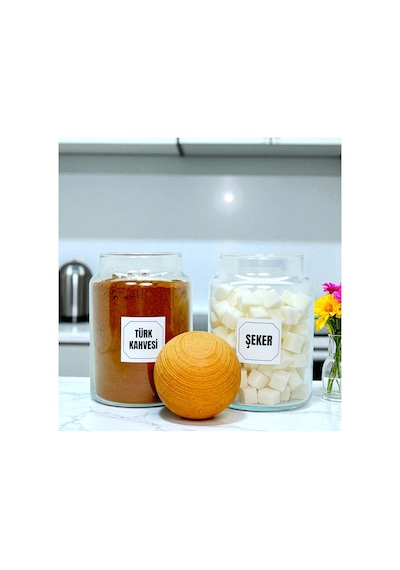 2'li Ahşap Top Kapaklı Cam Türk Kahvesi Şeker Saklama Kavanozu Seti 800 Ml Etiket Hediyeli Çok Renkli