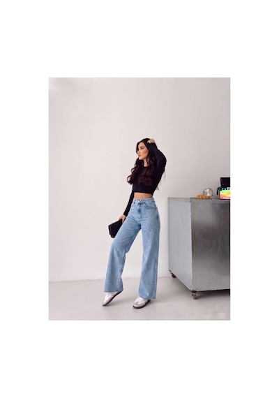 Kene Jeans Buz Kar Paça Kesik Ön Arka Taşlı Bol Paça Kot/denim Pantolon Buz Kar
