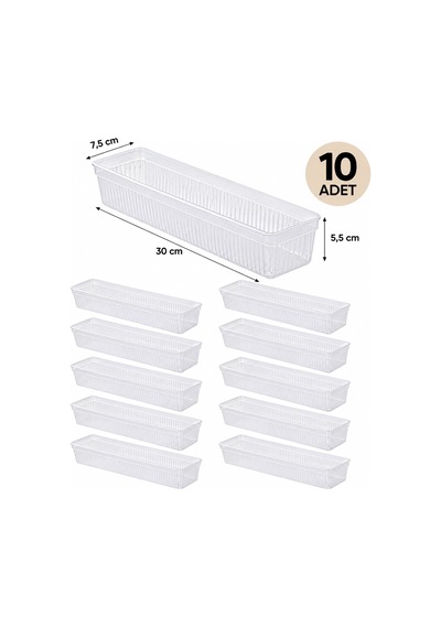 Porsima 0382 Modüler 10'lu Çekmece İçi Organizer Seti 30x7.5 Cm - Çatal Bıçak & Ev Düzenleyici Şeffaf
