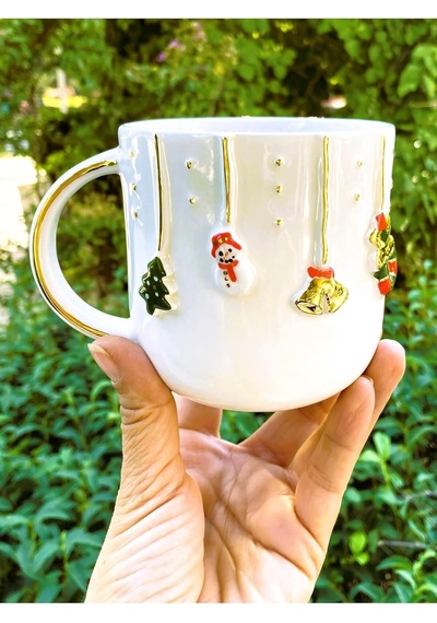 Premium Kalite 24 Ayar Altın Detaylı El Yapımı Christmas Mug 450 Ml Gold Handmade Beyaz - Çok Renkli
