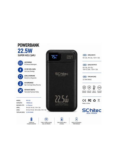 Schitec Hg/pb-101 10000mah 22.5w Hızlı Şarjlı Powerbank Type-c / Lightning Kablo Dijital Göstergeli Siyah