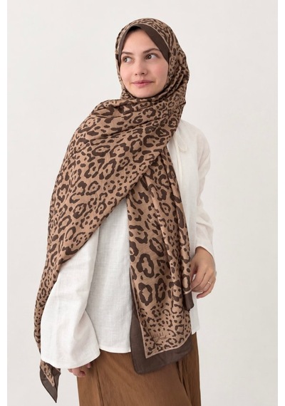 Belli Leopar Desen Fresh Lena Şal Sütlü Kahve
