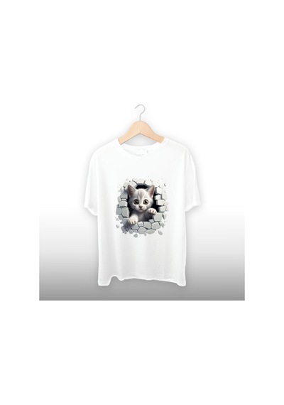 Duvar Kırığı Beyaz Kedi Unisex Tişört Beyaz
