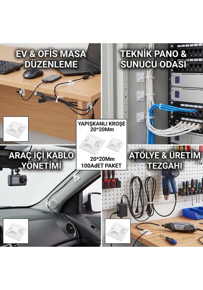 Tr Yapışkanlı Kroşe 20x20 Mm 100 Adet - Kablo Bağlama Klipsi, Çift Taraflı Bantlı Kablo Düzenleyici Sabitleyi Genel