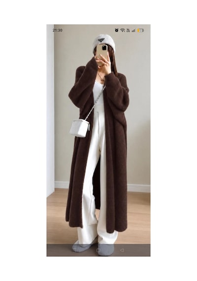 Aymiraa Kadın Oversize Uzun Triko Hırka Şal Yaka Kahverengi Kahverengi