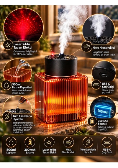 500ml Şarjlı Araç İçi Hava Nemlendirici Rgb Lazer Yıldız Efektli 300mah