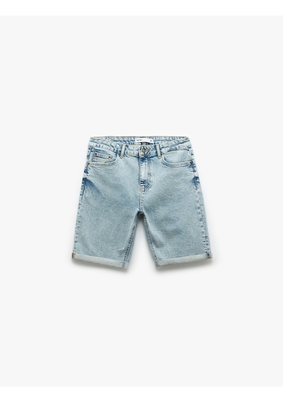 Koton Pamuklu Slim Fit Katlamalı Paça Bermuda Jean Şort Bleach 5sam40002ıd Açık Mavi