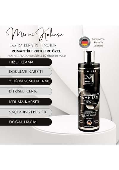 Miami Kokusu - Erkek Şampuan - Hızlı Uzatma Etkili Doğal Bitki Özlü Ekstra Keratin Kolajen Protein İçeren Kök H Beyaz